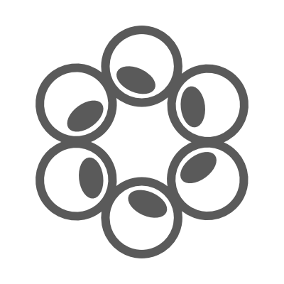 logo met 6 heupkopjes als universeel onderdeel bij heupoperatie